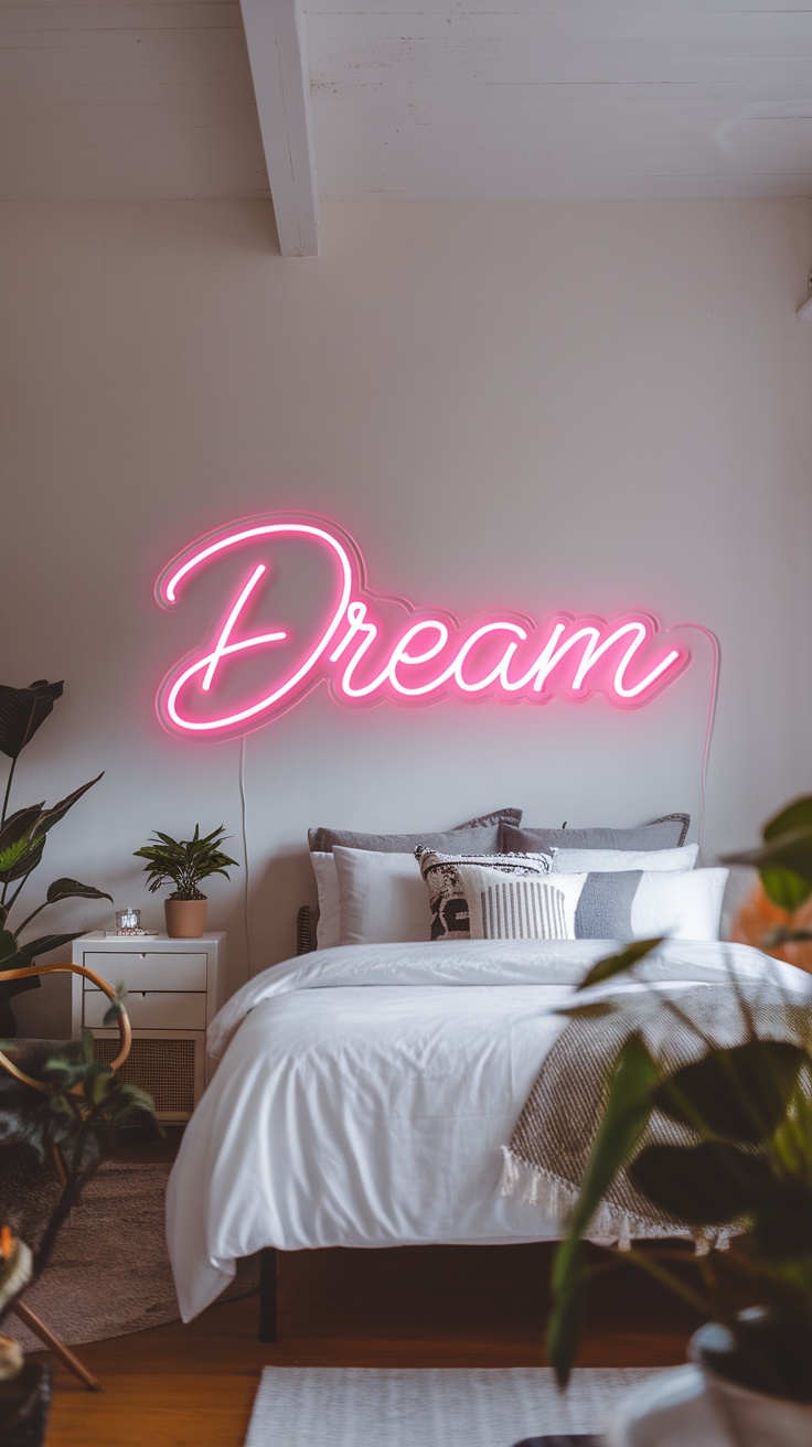 Cozy bedroom featuring a pink neon sign that says 'Welcome' above a loft bed.