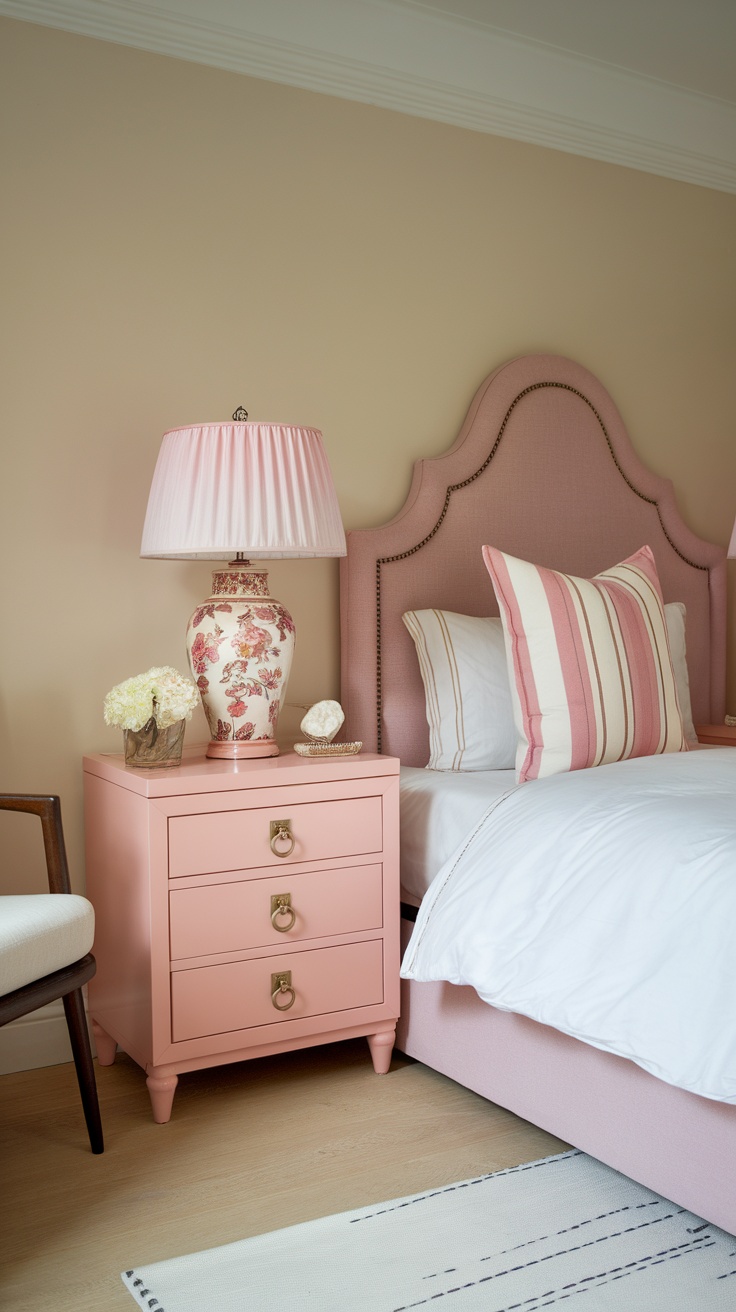 A cozy pink nightstand beside a bed with a pink headboard and decorative lamp.