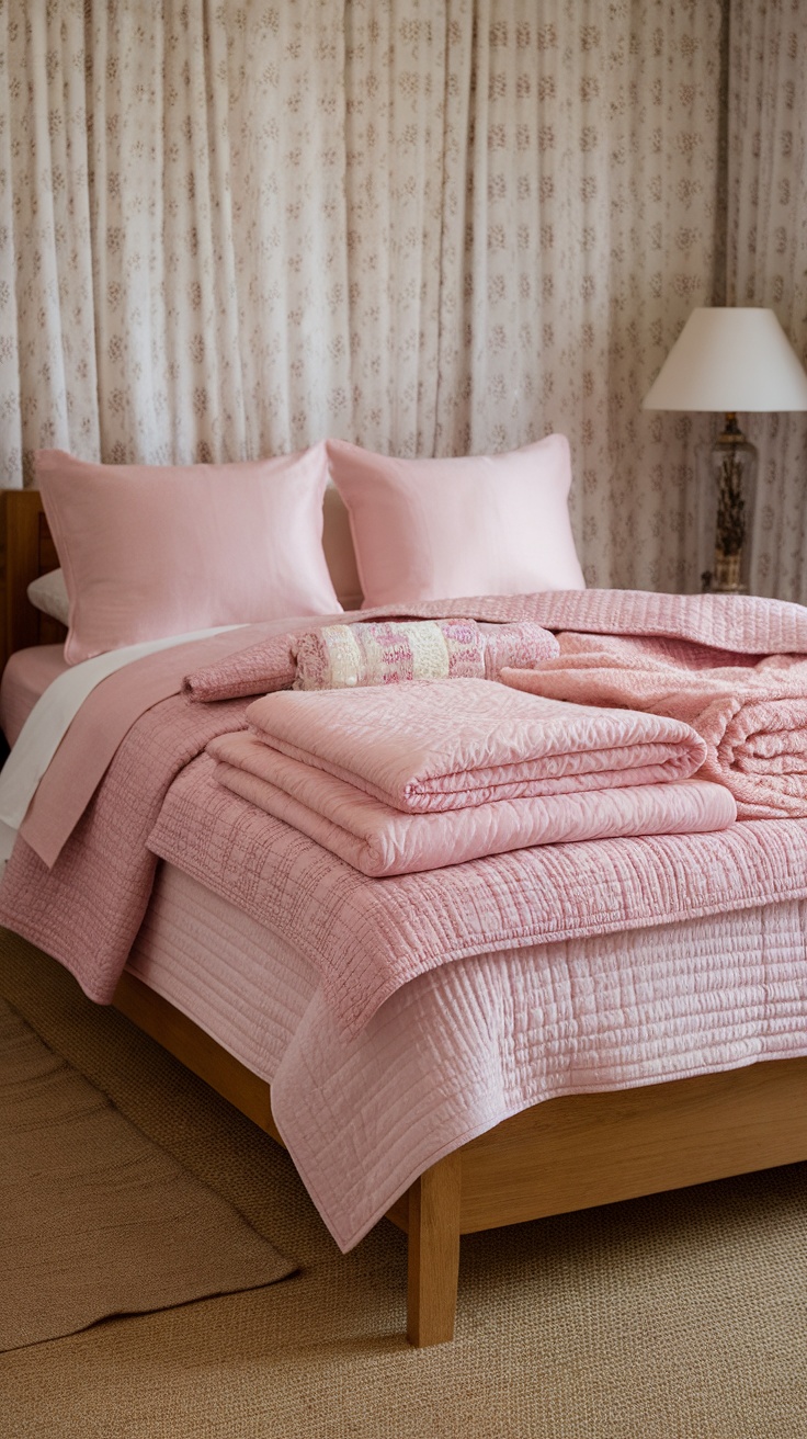 A cozy pink-themed bedroom featuring layered quilts and throws on a bed with pink pillows.