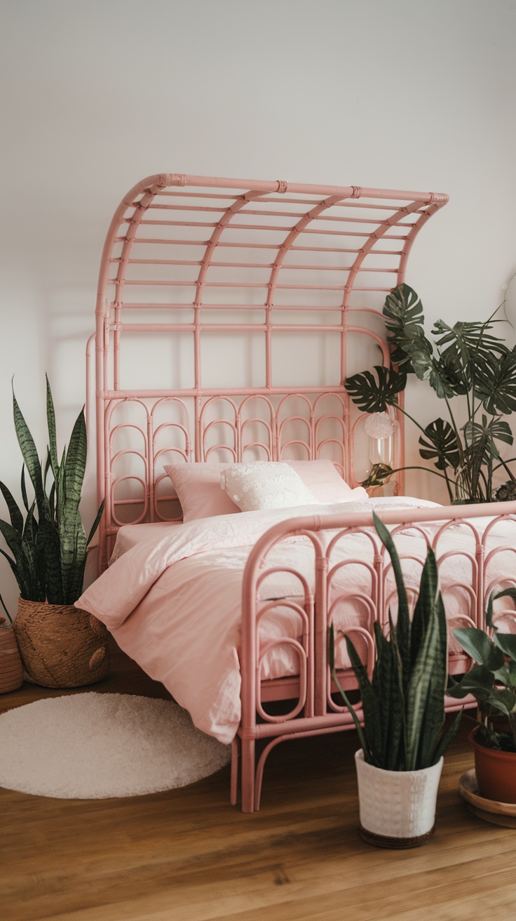 A cozy bedroom featuring a pink rattan bed frame with soft pink bedding and potted plants.