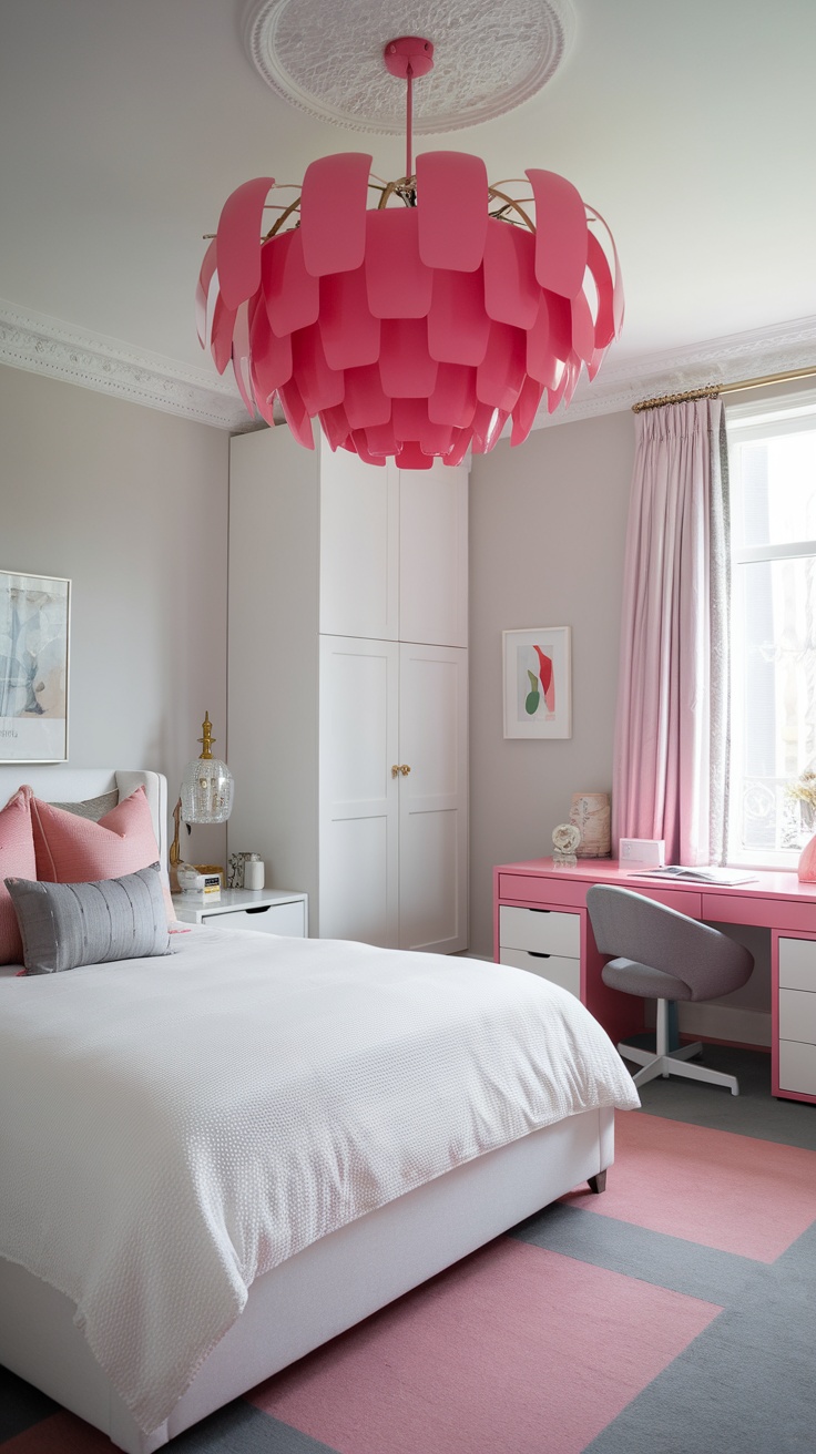 A cozy bedroom featuring a vibrant pink chandelier, soft gray walls, and pink accents in pillows and furniture.