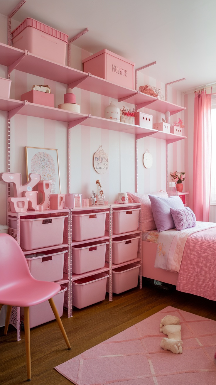 A cozy bedroom with pink storage solutions, featuring pink boxes on shelves and a neatly arranged bed.