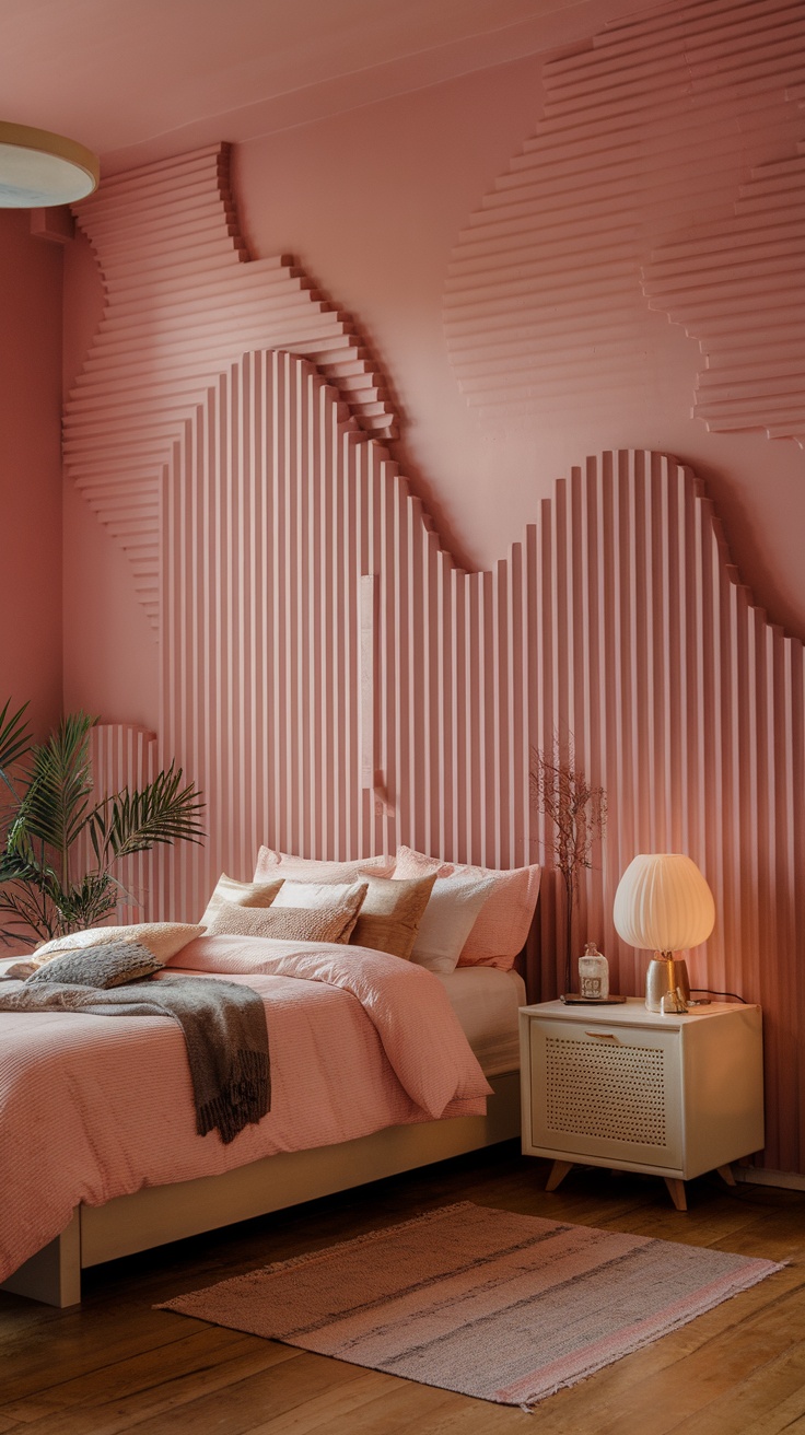 A cozy bedroom with textured pink walls, minimalist bed, pink rug, wooden ladder, and warm lighting.