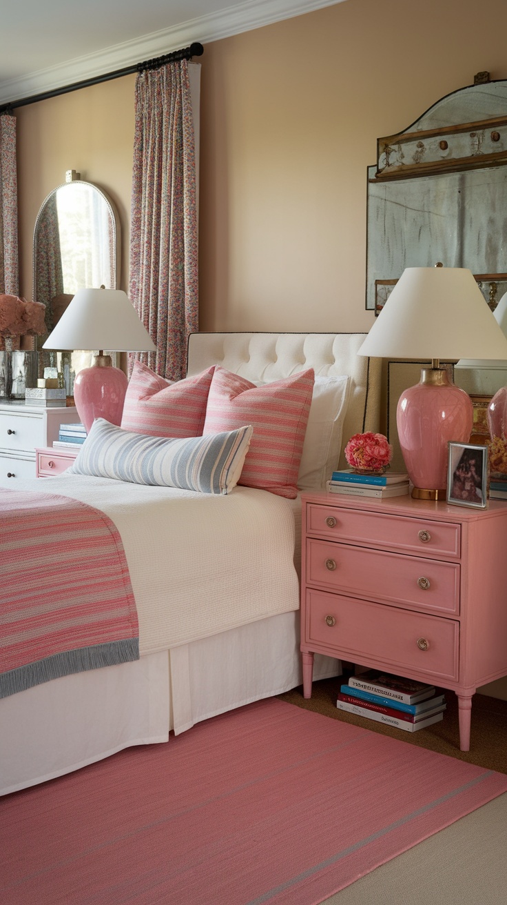 A cozy pink bedroom with a stylish bedside table, decorative lamp, and layered bedding.