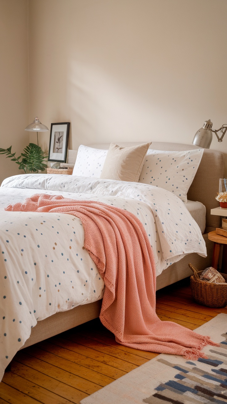 A cozy bedroom featuring a pink throw blanket draped over a bed with dotted bedding and warm wooden floors.