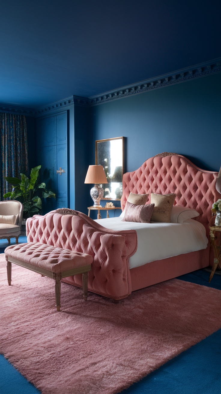 A cozy bedroom featuring a pink tufted headboard, soft bedding, and a vibrant decor contrast.