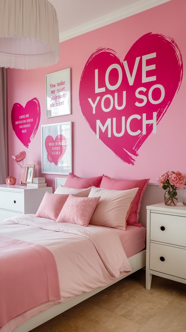 Cozy pink bedroom featuring vibrant heart-shaped wall art