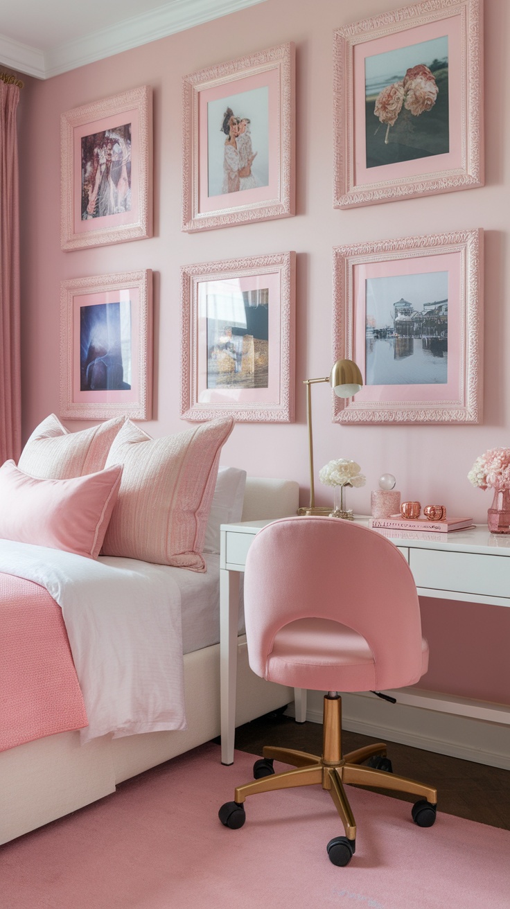 A cozy pink themed bedroom with striped pink walls and framed pictures.