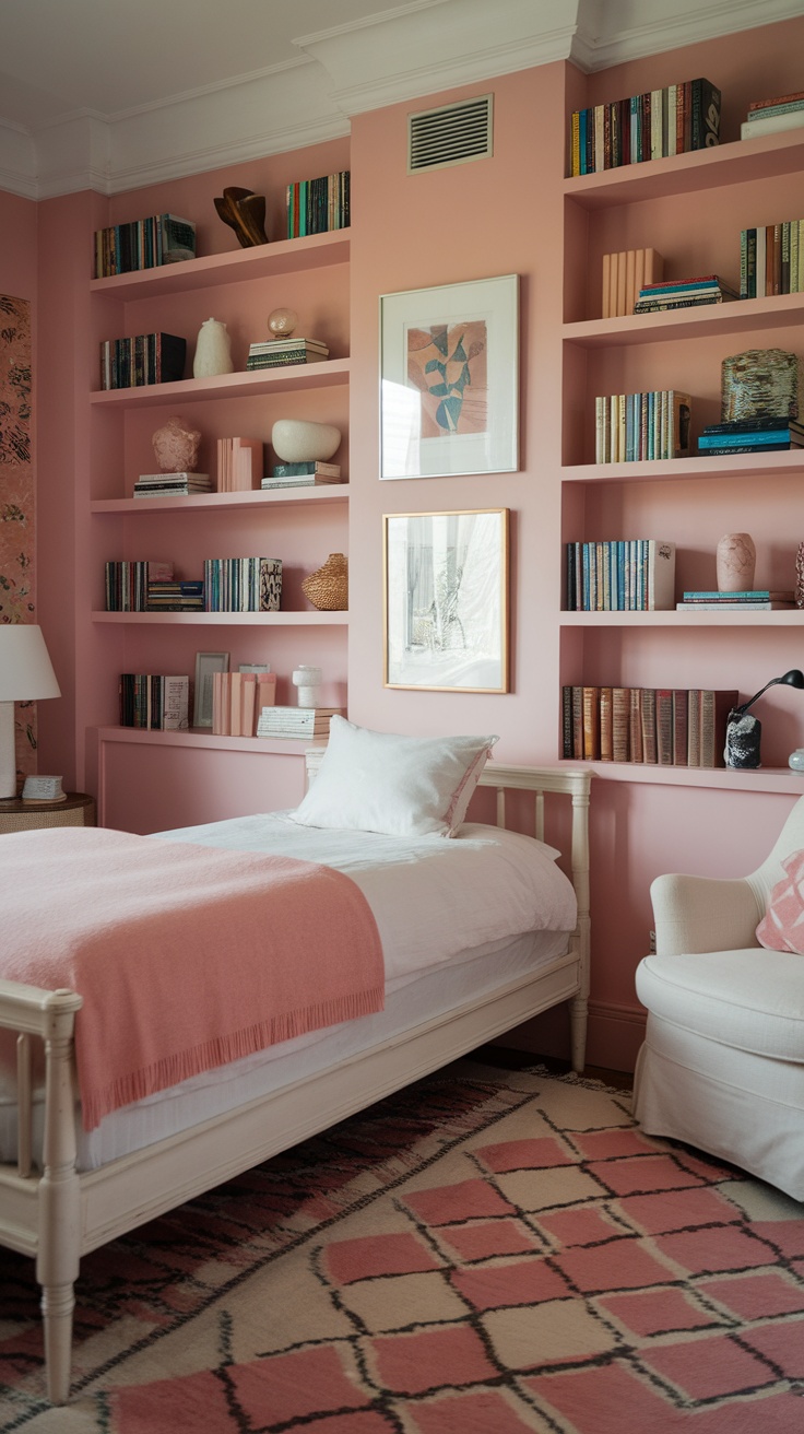 Cozy bedroom with pink wall shelves displaying books and decorative items