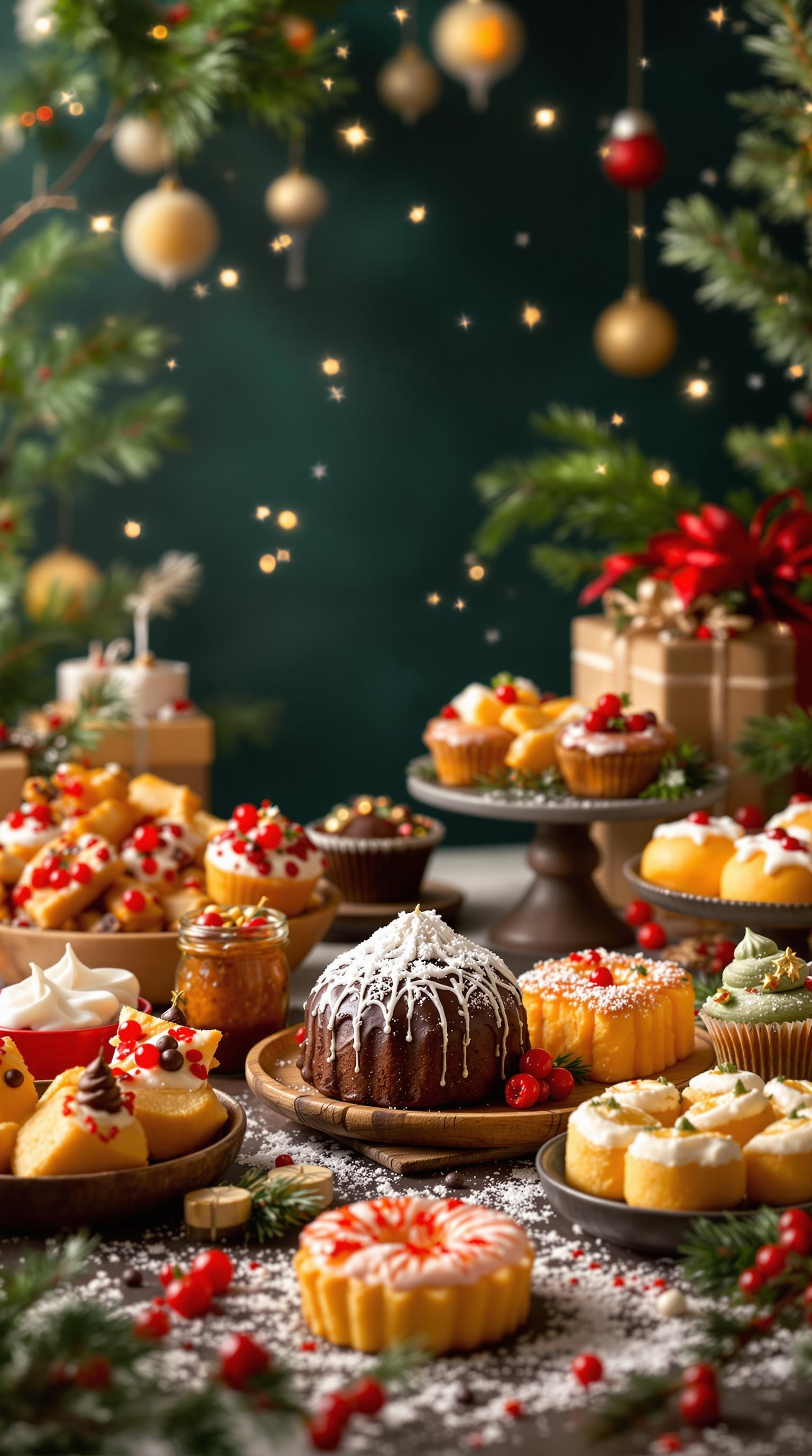 A festive table filled with a variety of holiday desserts and decorations.