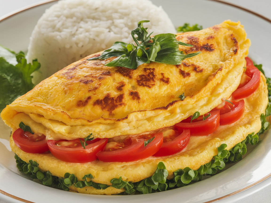 A delicious Pinoy omelette with tomatoes, served with rice and greens.