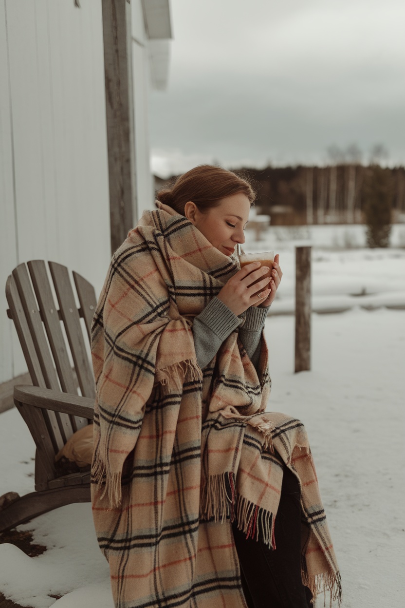 A woman enjoying a warm drink while wrapped in a plaid scarf and a long cardigan, sitting on a snowy porch.