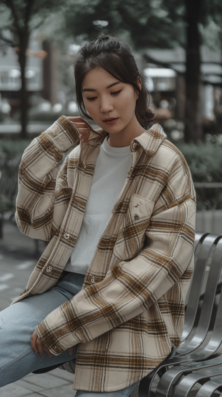 A woman wearing a plaid shirt over a white t-shirt, sitting on a bench in a park.