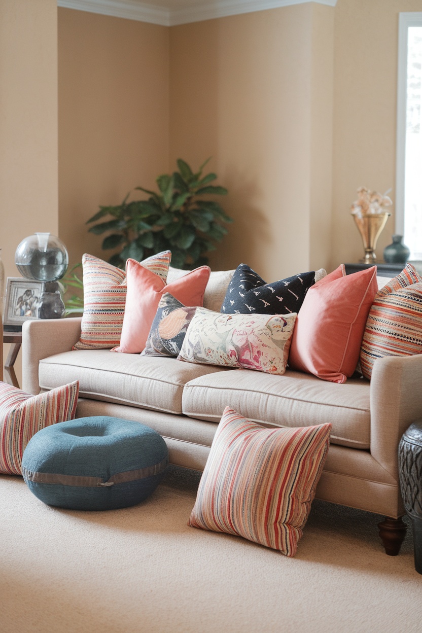 A cozy couch with a variety of colorful accent pillows, including floral patterns and stripes, alongside a round pouf.