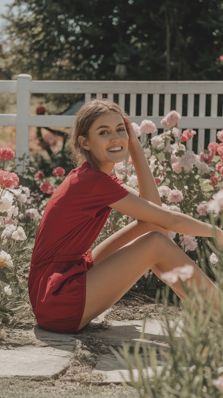 A woman smiling while sitting in a garden wearing a cherry red romper, surrounded by flowers.