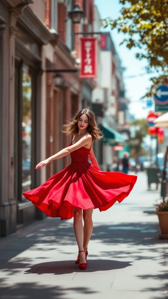 A woman twirling in a cherry red dress on a sunny street.