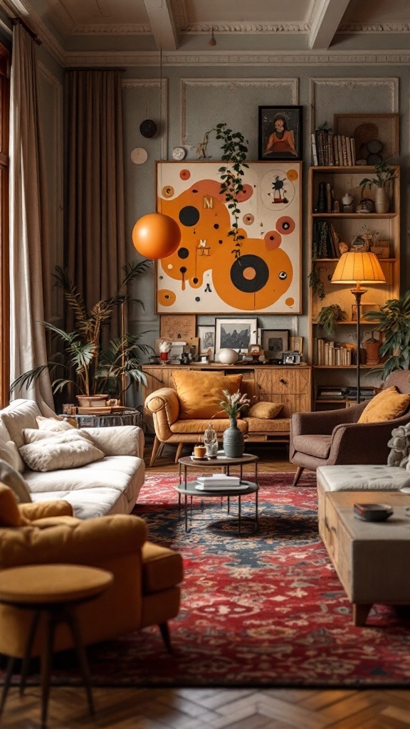 A cozy maximalist living room featuring colorful furniture and playful arrangements.