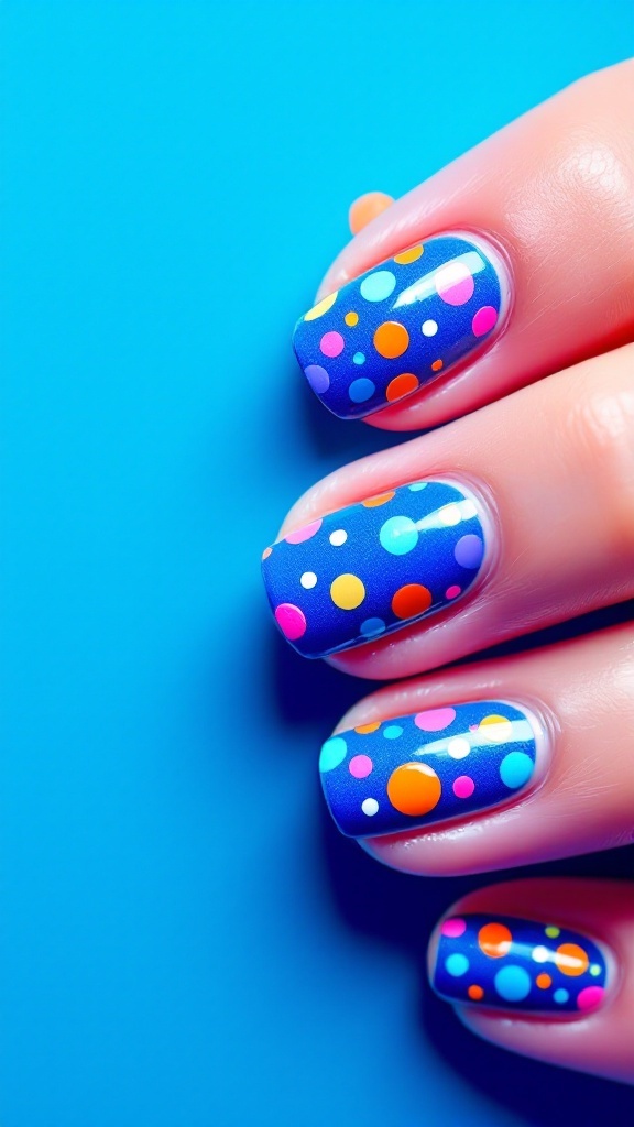 Nail art design featuring vibrant blue base with colorful polka dots