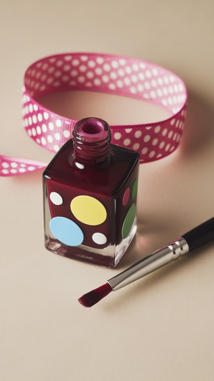 A bottle of dark cherry red nail polish with colorful polka dots beside a paintbrush and a polka dot ribbon.