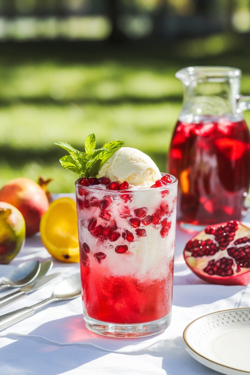 A Pomegranate Punch Float served in a glass with ice cream and garnished with a mint leaf, surrounded by fresh fruits.