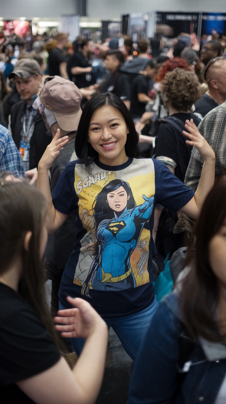 A woman smiling and posing in a superhero-themed t-shirt at a crowded event.