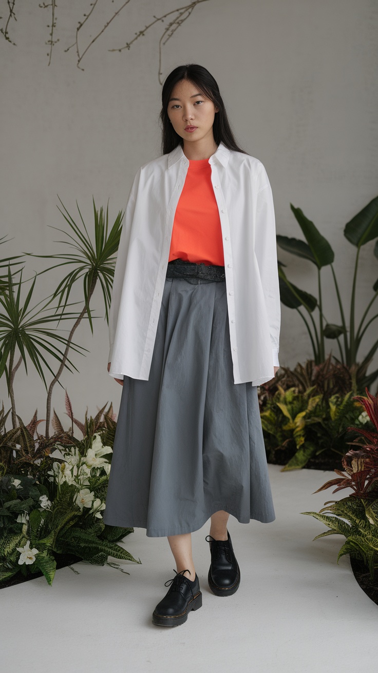 A model wearing a bright orange t-shirt with a grey skirt, standing against a background of greenery.