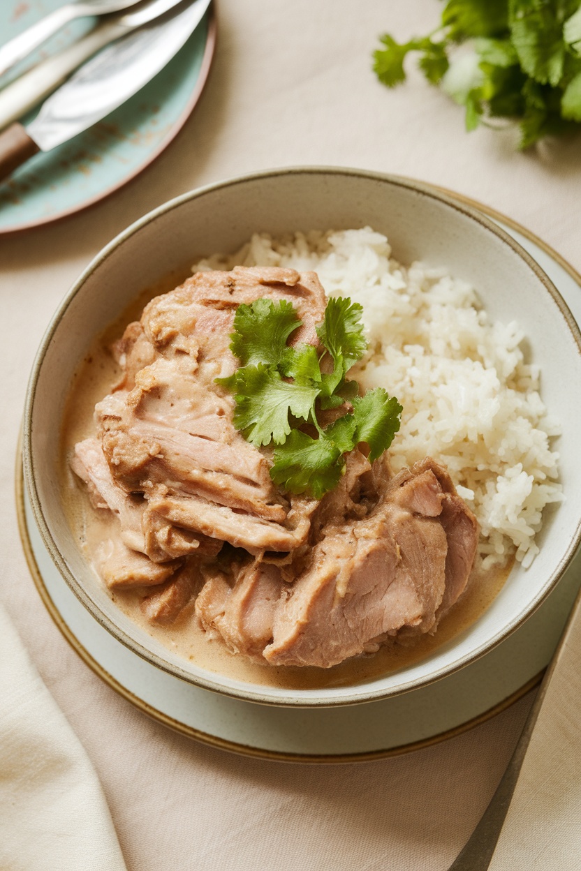 A bowl of Pork Adobo with Coconut Milk served with rice and garnished with cilantro.