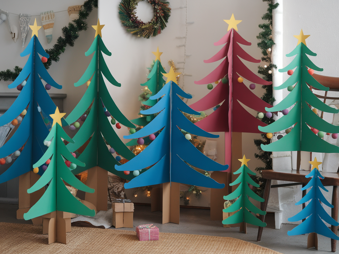 Colorful portable Christmas cardboard trees in a cozy indoor setting.