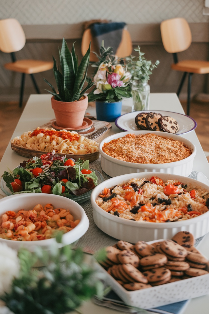 A table filled with various dishes including pasta, salad, rice, and cookies, set for a potluck dinner.