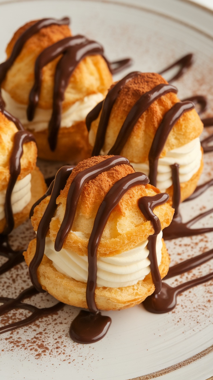 Profiteroles filled with vanilla custard drizzled with chocolate