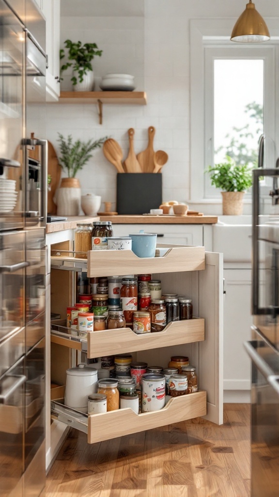 Kitchen pantry with pull-out shelves filled with jars and containers for easy access.