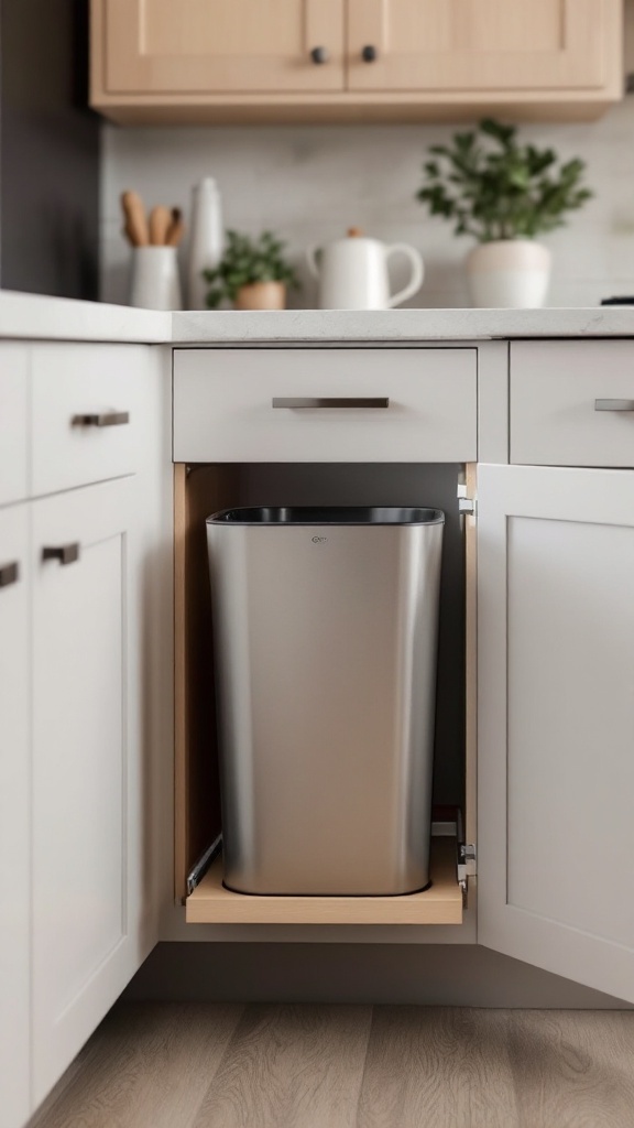 A pull-out trash bin inside a kitchen cabinet, showcasing a silver trash can on a wooden sliding shelf.