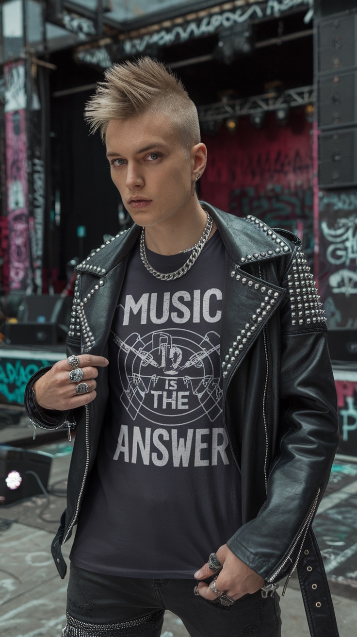 A young man in a punk style outfit featuring a graphic tee, leather jacket, and jewelry, standing in front of a graffiti-covered wall.