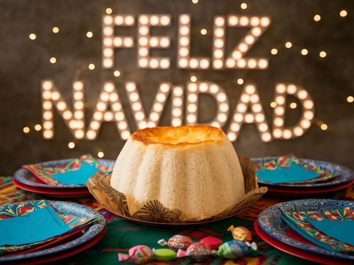 A festive display of Puto, a steamed rice cake, with colorful plates and a 'Feliz Navidad' sign in the background.