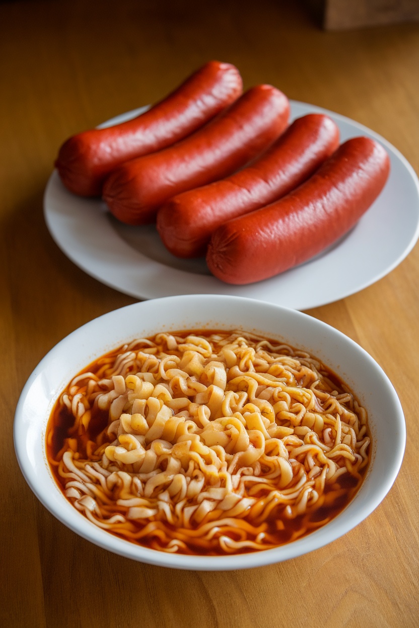 Crispy fried hotdogs and instant noodles on a plate, ready to be served.