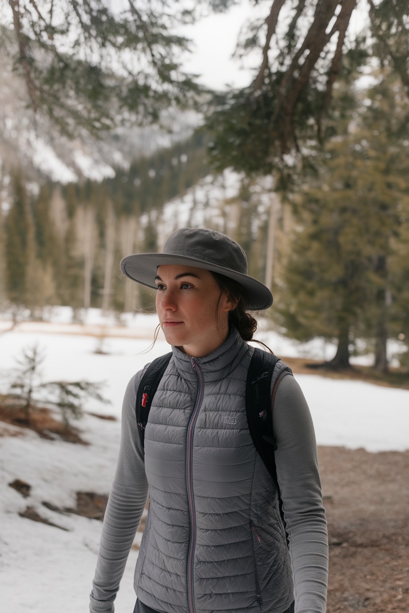 A woman wearing a quilted vest and long-sleeve shirt in a snowy outdoor setting