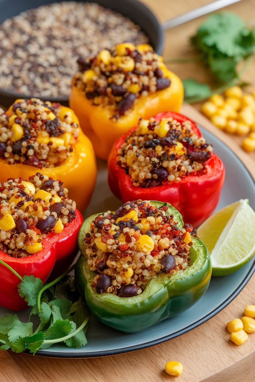 Quinoa-stuffed bell peppers on a plate with corn and herbs.