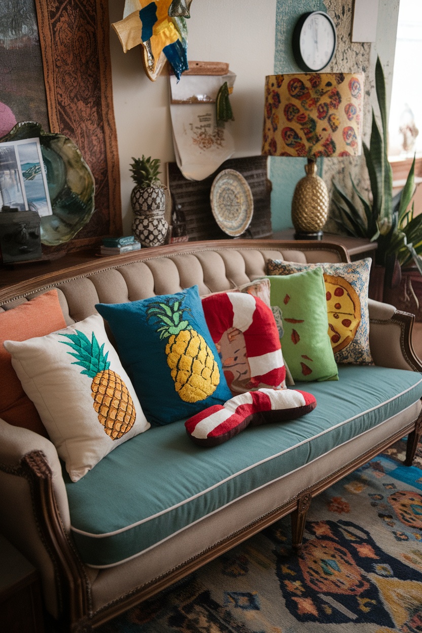 A cozy sofa adorned with colorful, quirky accent pillows including pineapple and pizza designs.