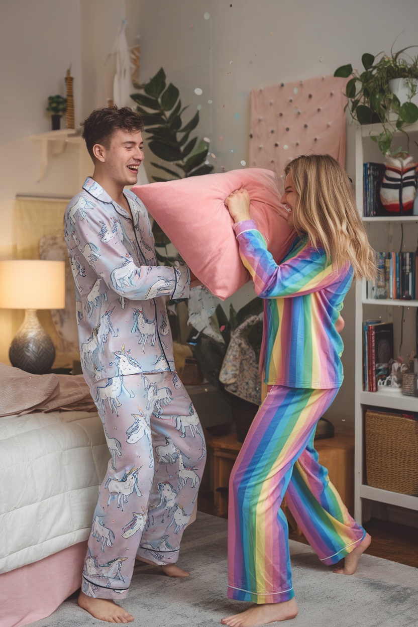 A couple having fun in quirky matching pajamas during a pillow fight.