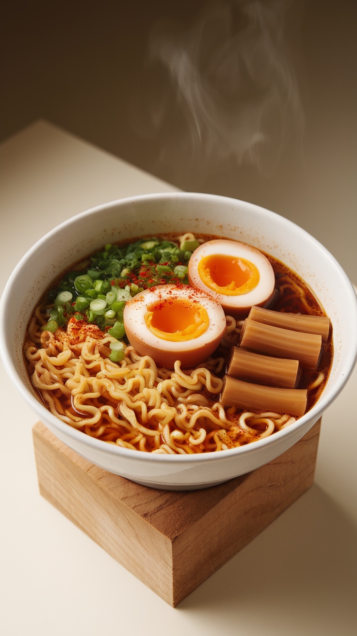 A bowl of ramen noodle soup with toppings such as soft-boiled eggs, green onions, and bamboo shoots.