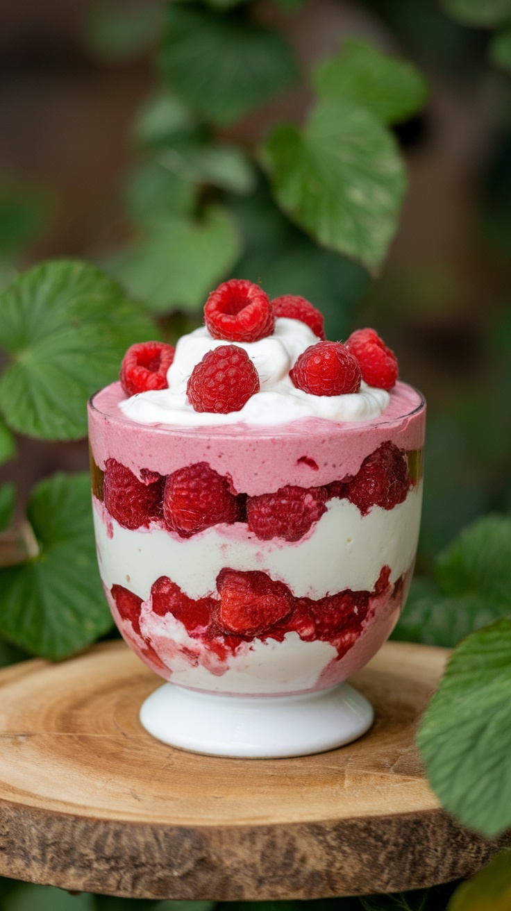 A delicious raspberry fool served in a glass, topped with fresh raspberries and whipped cream.