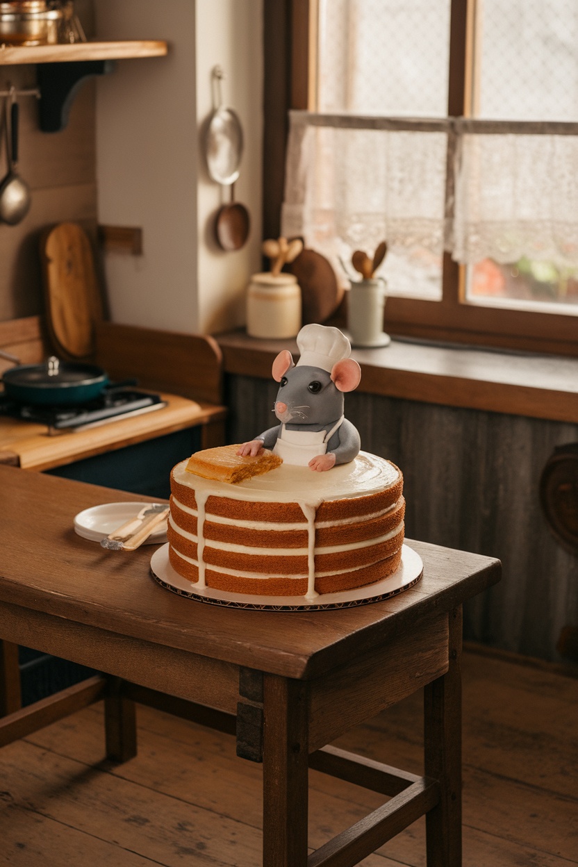 A cute rat chef decoration on a layered cake, set in a cozy kitchen.