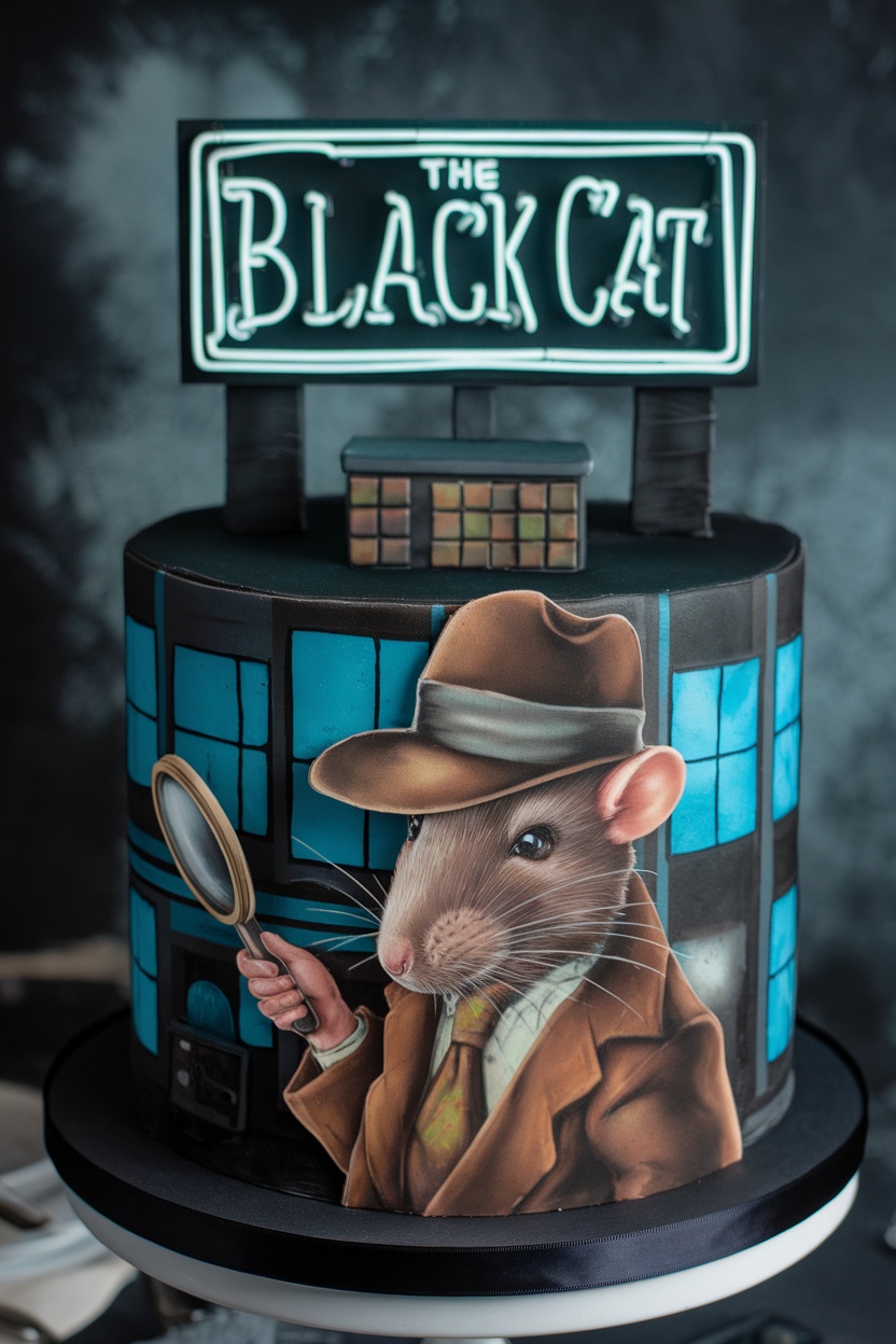 A whimsical cake featuring a rat dressed as a detective, holding a magnifying glass, with a neon sign in the background.