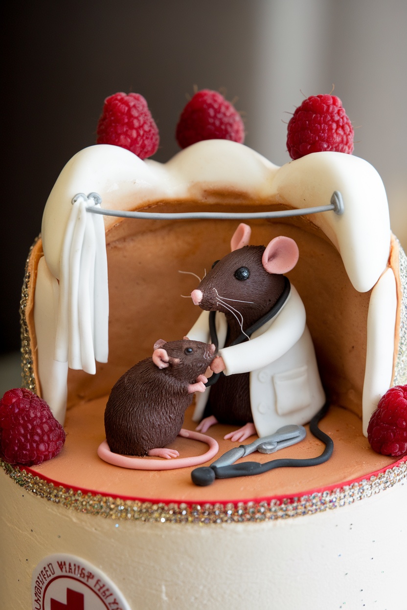 A cake featuring two rat figures, one dressed as a doctor examining a patient rat inside a mouth-shaped design with raspberries on top.