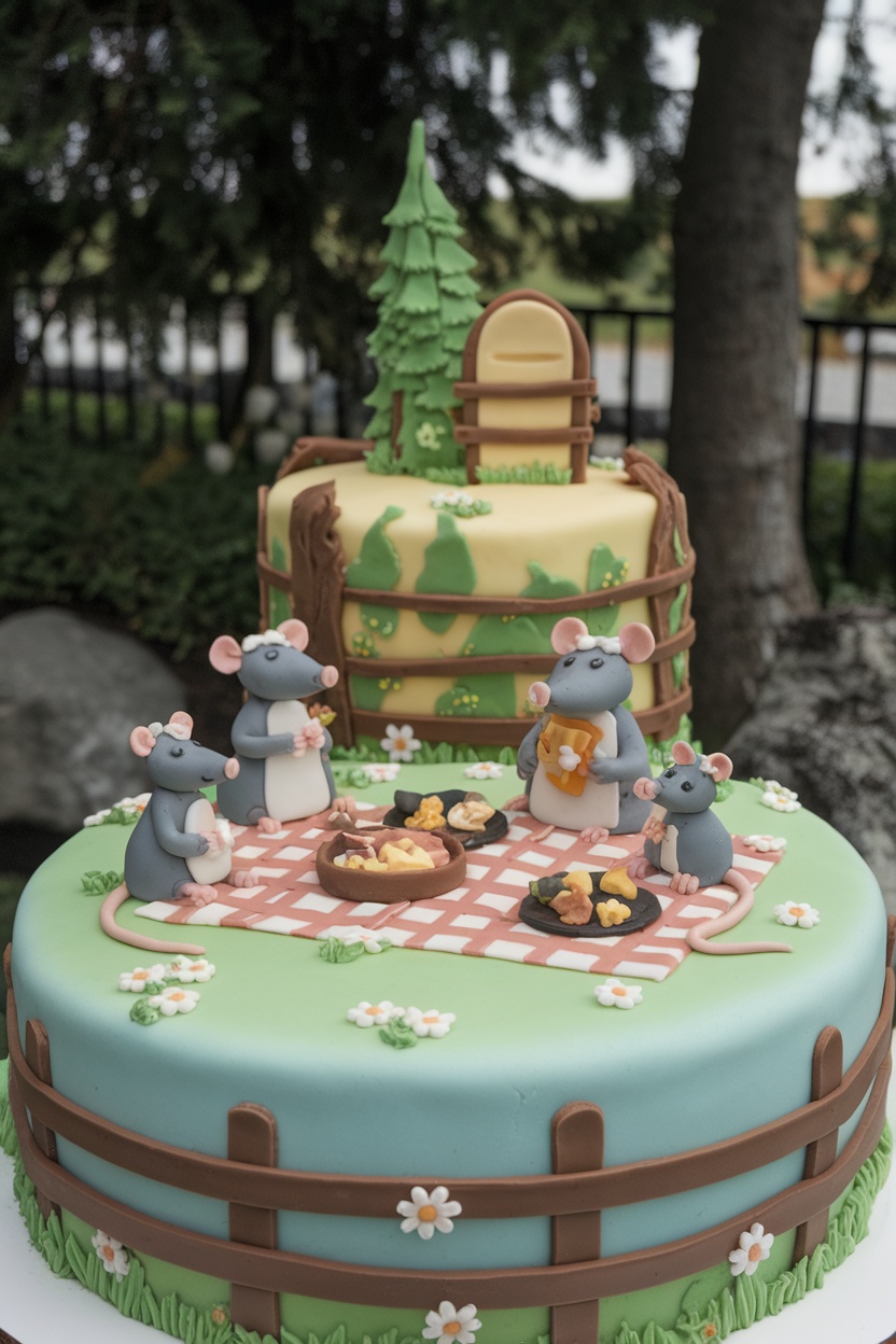 A whimsical cake depicting a rat family having a picnic with trees and a wooden fence.