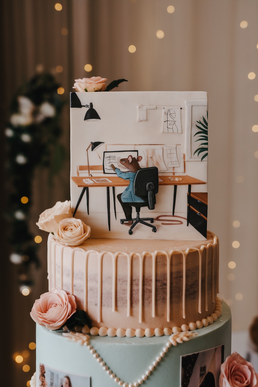 A whimsical cake featuring a rat as a fashion designer at a desk, surrounded by design sketches and a cozy workspace.