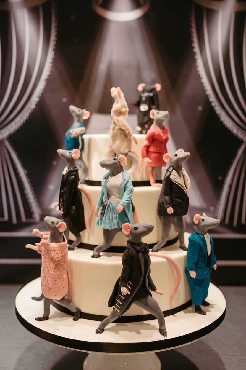 A multi-tiered cake featuring decorative rat figures dressed in stylish outfits, resembling a fashion show.