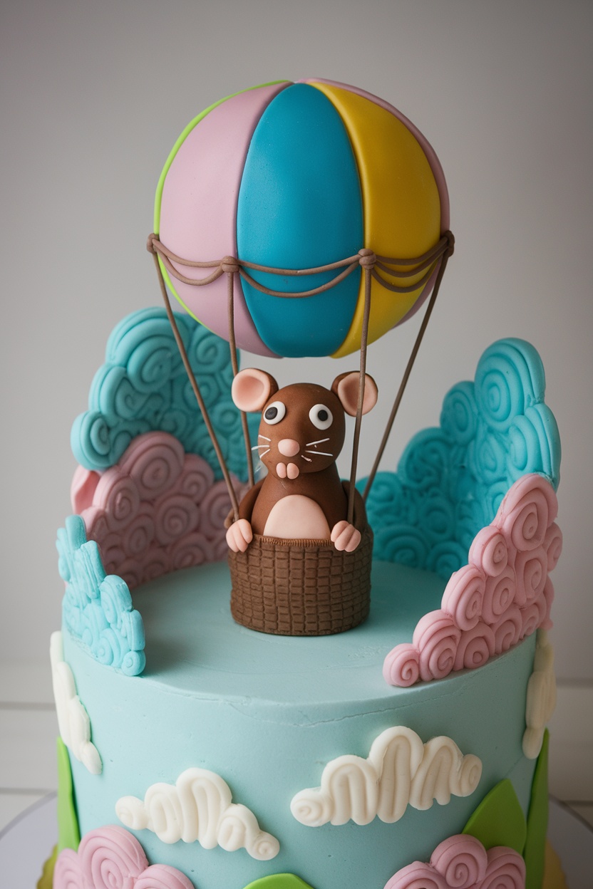 A whimsical cake featuring a rat in a hot air balloon, surrounded by colorful icing clouds.