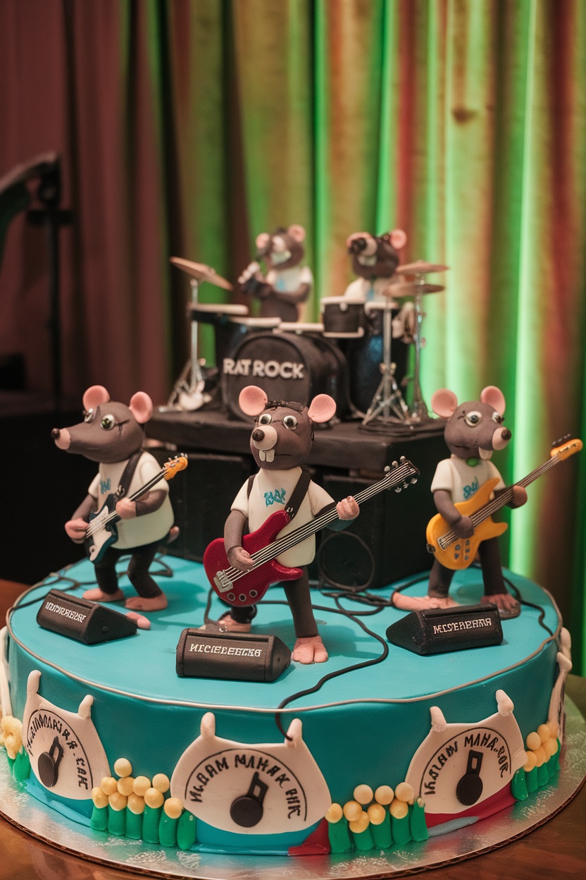 A whimsical cake featuring rat figurines in a rock band setup, with a blue base and musical instruments.