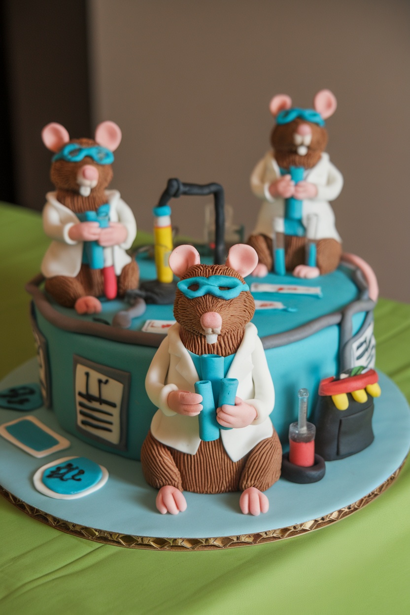 A whimsical cake featuring three rat figures in lab coats, holding test tubes, set in a laboratory scene.